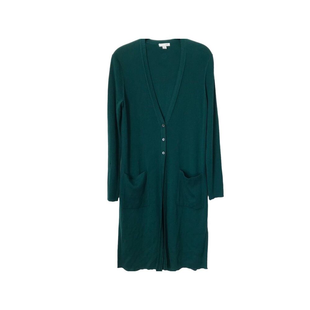 J Jill Cardigan Size XS Green Silk Blend Long Sleeve Long Line‎ Ribbed Duster